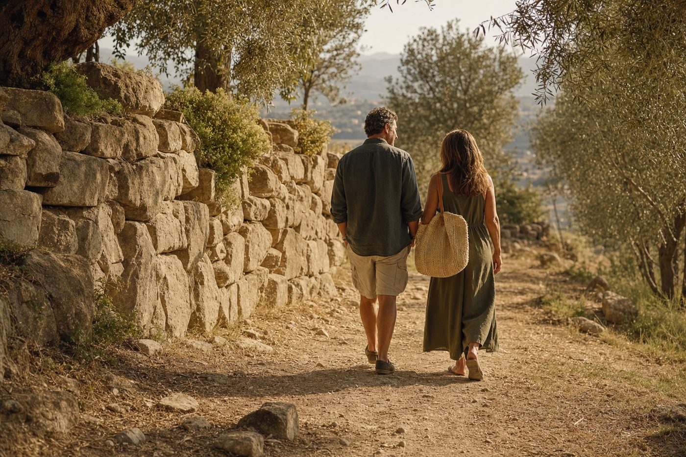 A couple in their forties walking together on a sunlit path beside a stone wall and olive trees.