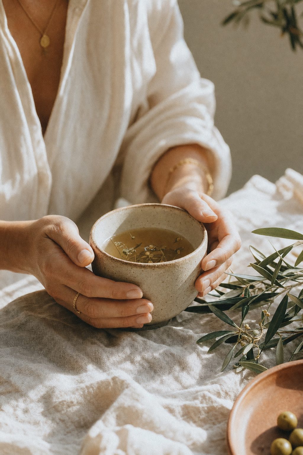 Hands cradling a warm stoneware mug of herbal tea on linen beside an olive sprig.