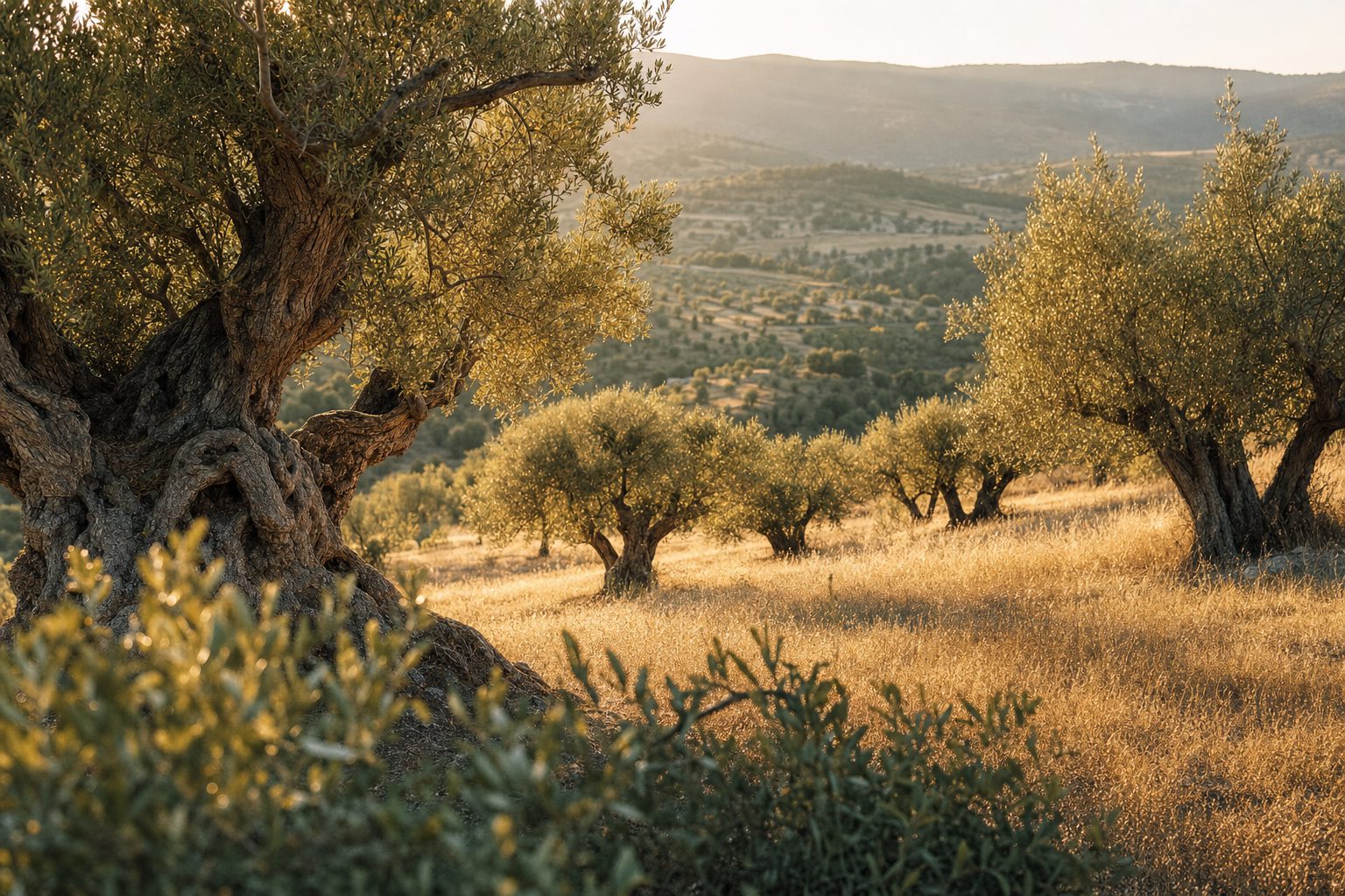 An ancient olive grove on a hillside in warm golden-hour light, dry grass and distant hills.