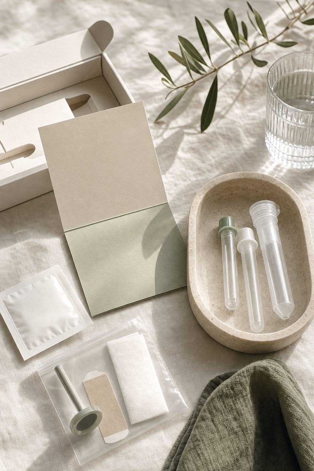A tidy at-home lab collection kit with small vials on a stone tray, arranged on ivory linen in soft daylight.