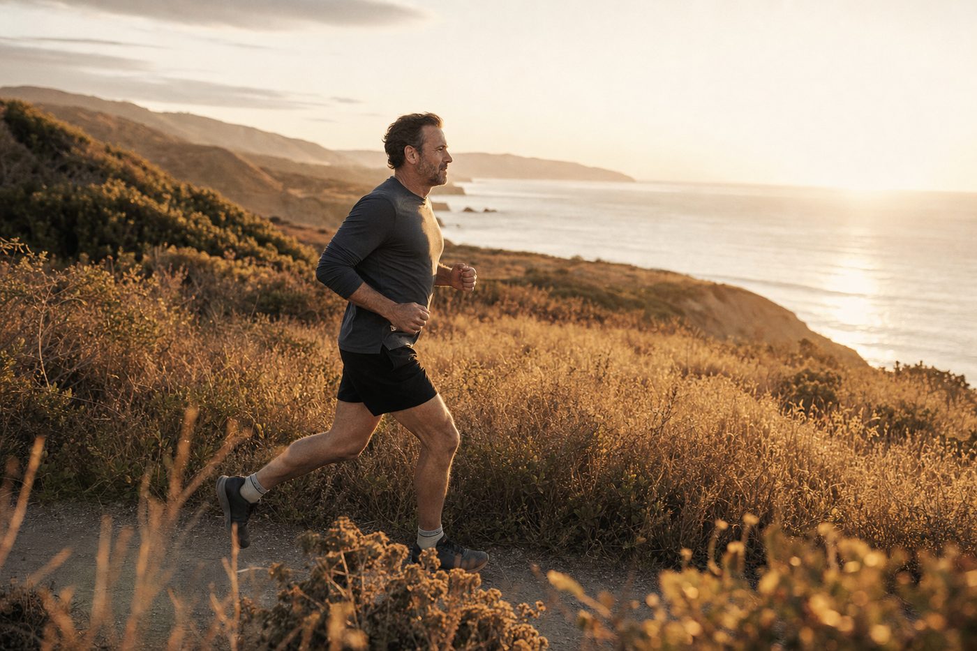 A man in his late forties running on a coastal trail at sunrise in warm golden light.