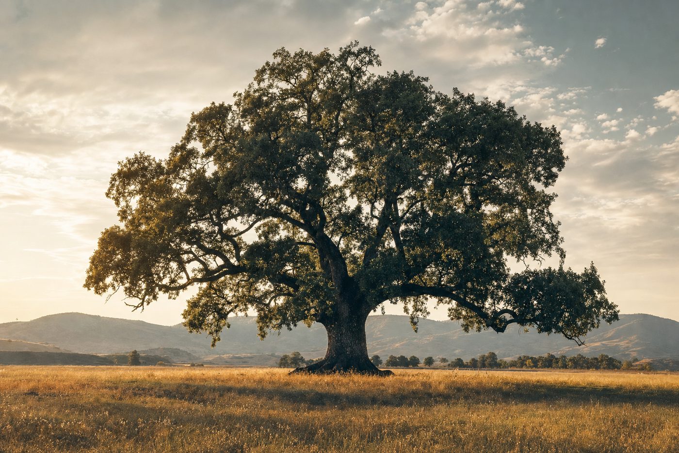 A broad ancient oak tree standing alone in a golden meadow at late afternoon.