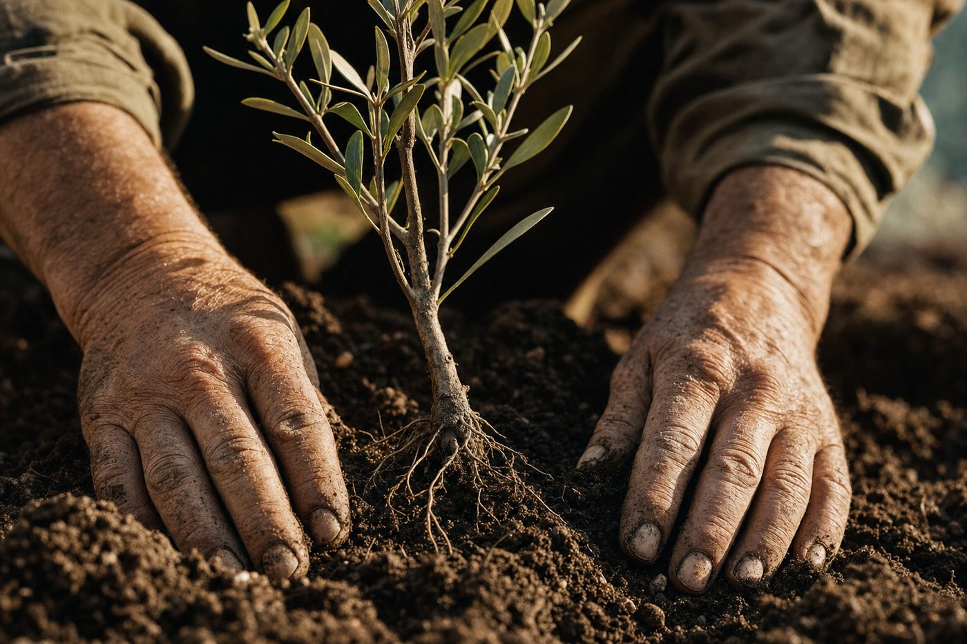 Weathered hands pressing dark soil around a young olive sapling with visible roots.