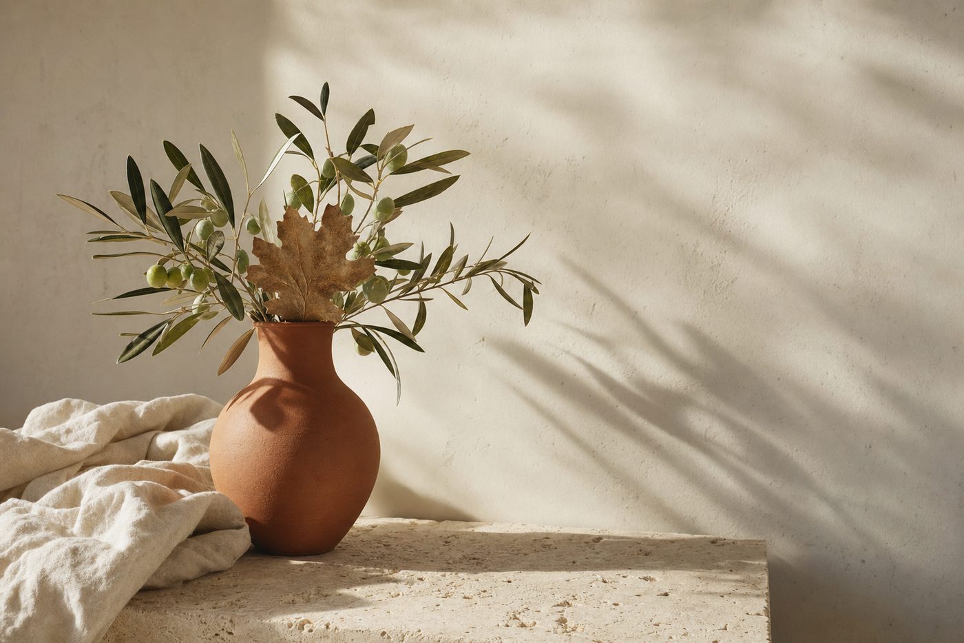 Olive branches and a single oak leaf in a terracotta vase on a stone ledge in warm sunlight.
