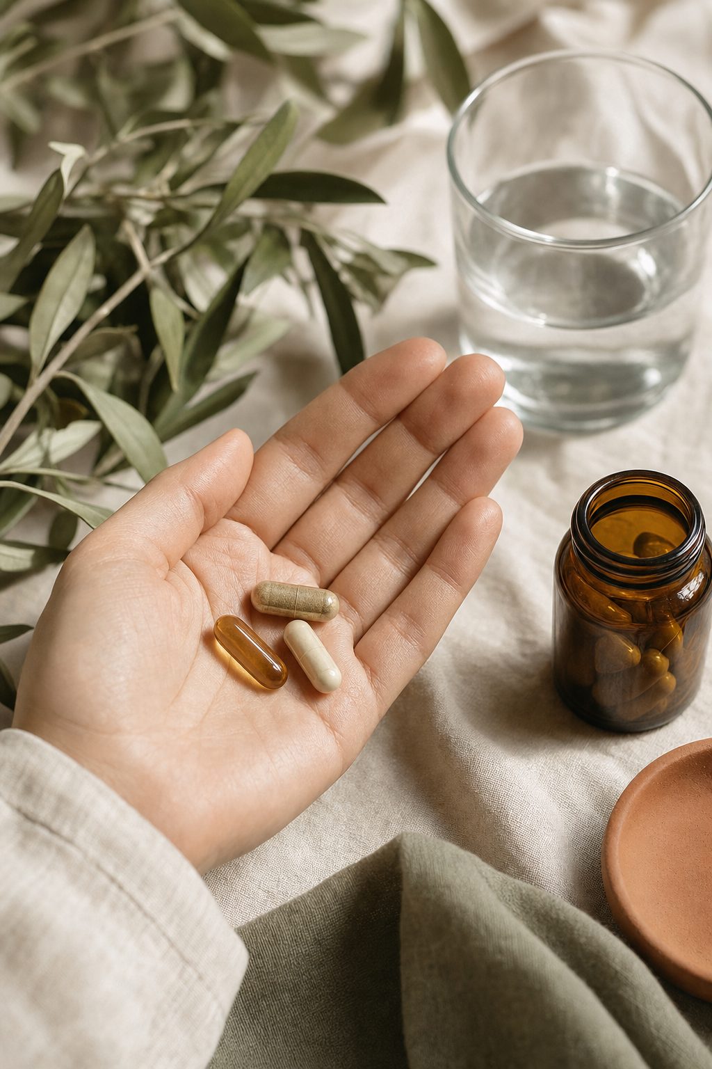 An open hand holding three supplement capsules beside an amber glass bottle, olive leaves and a glass of water on linen.