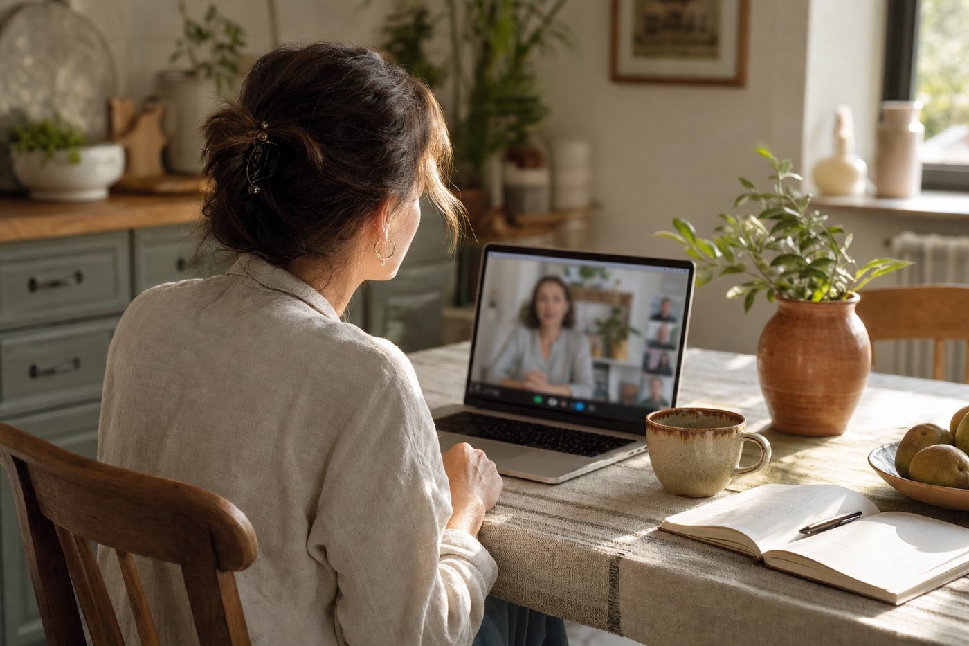 A woman at her sunlit kitchen table having a video consultation on a laptop, with plants and a ceramic mug nearby.