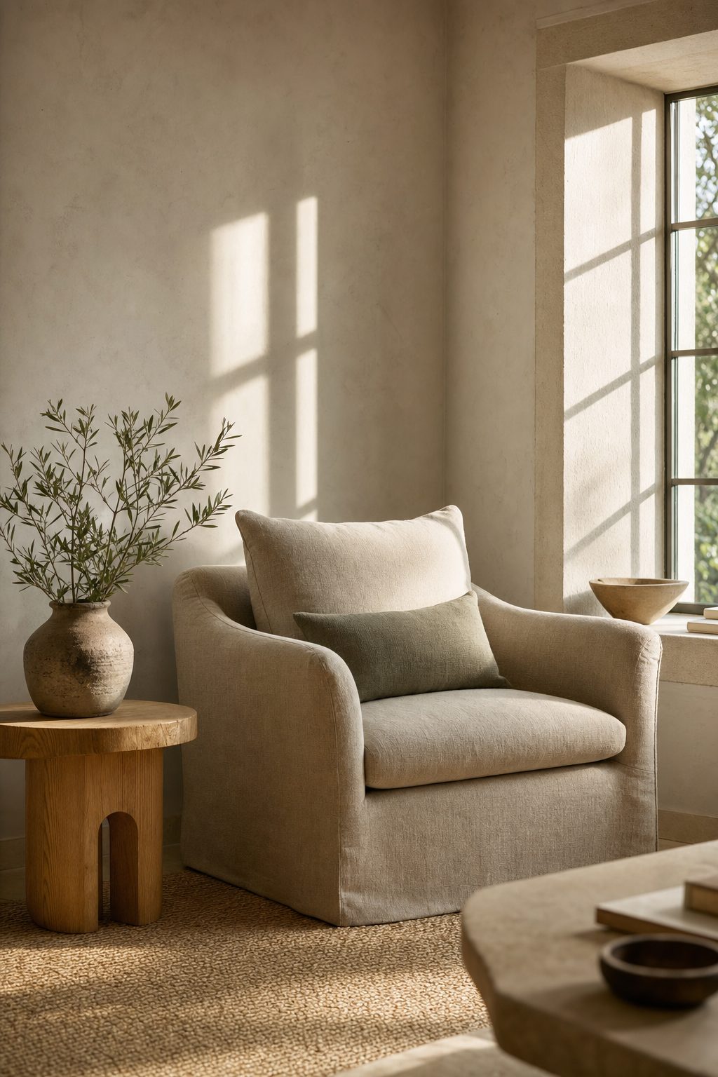 A calm sunlit room with a linen armchair, oak table and olive branches in a stoneware vase.